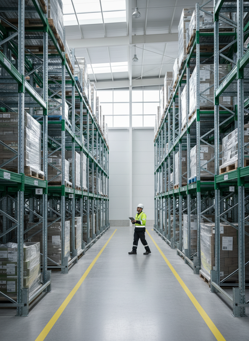 Warehouse worker in hi-vis vest walking a marked pedestrian safety lane between racking